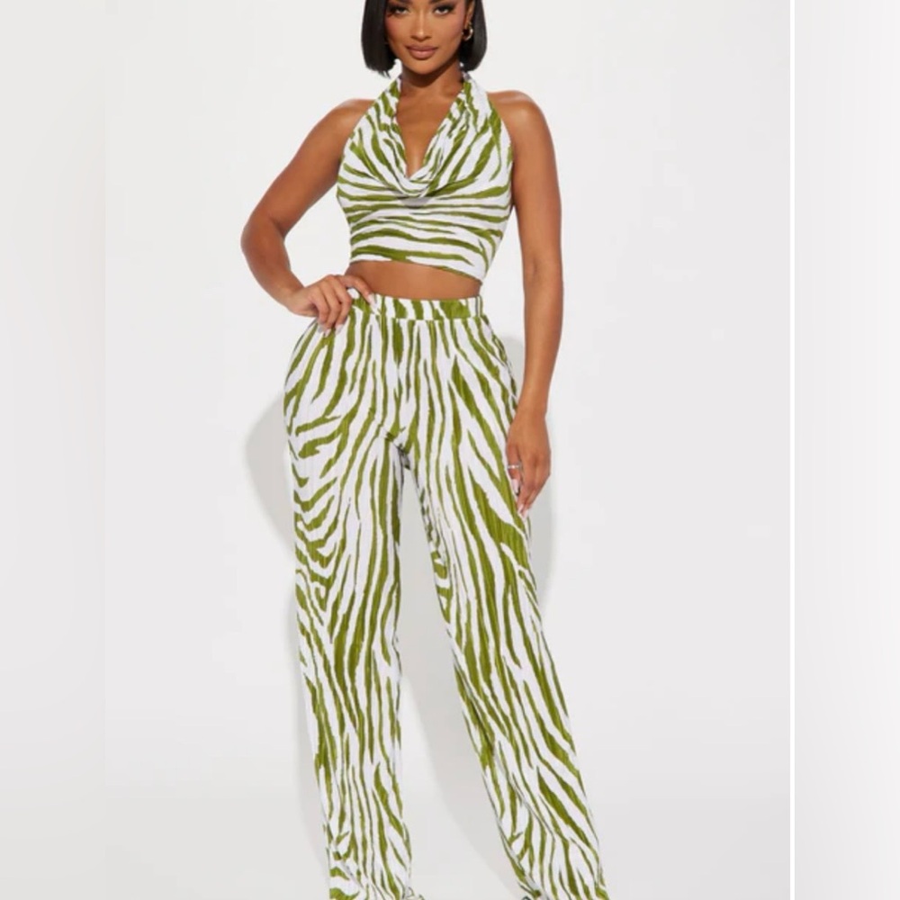 Fashion Nova Olive Green & White Zebra Halter Jumpsuit